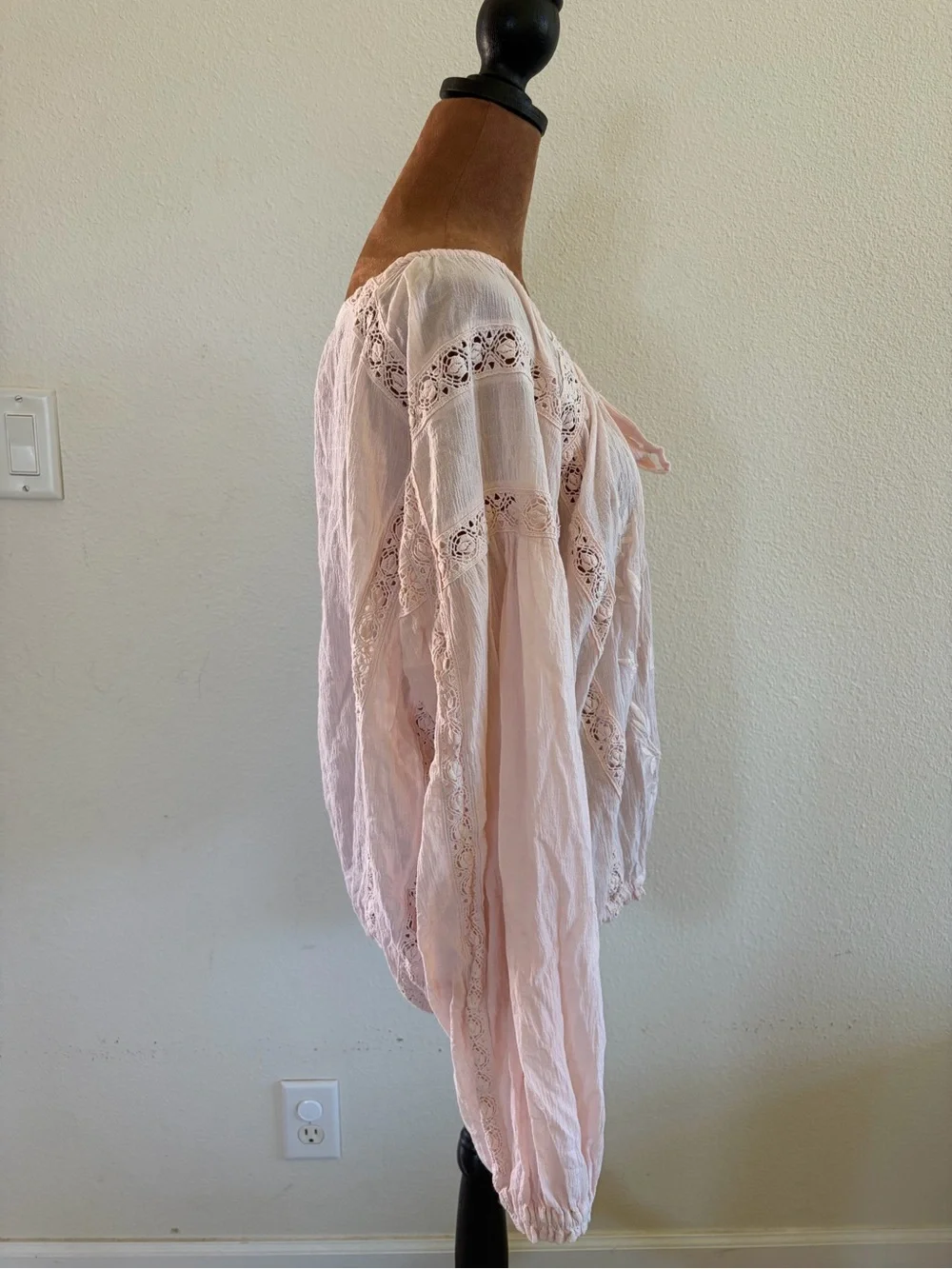 Free People Dusty Pink Peasant Blouse with Tie Neck